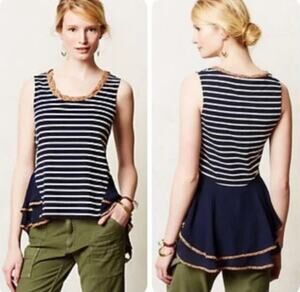 Anthropologie PostMarked Navy Striped Flowy Peplum Sleeveless Top Sz Med N